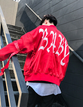 棒球服夹克秋装拼接外套男潮飘带bf风国潮撞色宽松棒球衣男生 红色 m