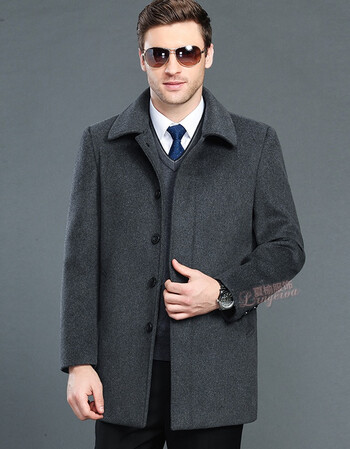 lrngeroa冬季中长款加厚加绒羊绒大衣男中老年纯色翻领羊毛呢外套