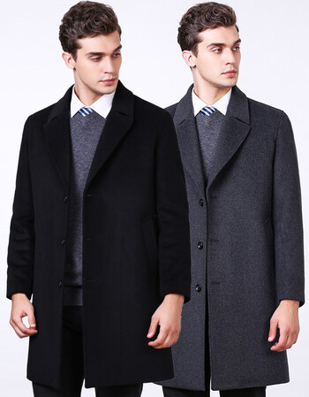 男士时尚百搭风衣外套羊绒大衣男羊毛呢子大衣西装领长款男装 黑色