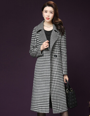 女装 毛呢大衣 劳尼亚(loughnea) loughnea品牌中长款千鸟格羊毛大衣