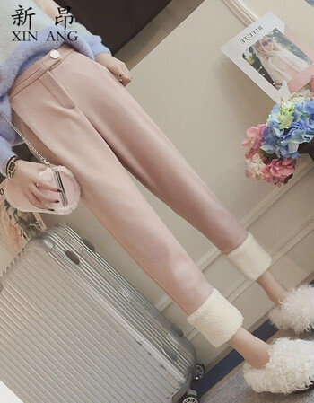 新昂高腰宽松加厚毛呢裤女休闲萝卜裤九分小脚哈伦裤子女2017 藕色 m