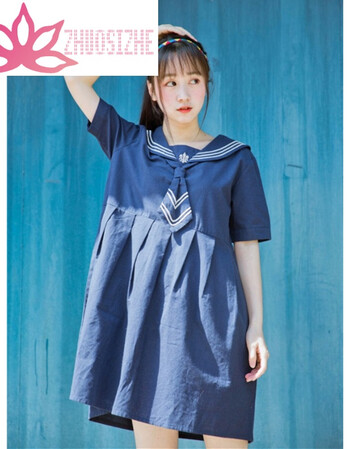 日系少女清纯海军风 领结大翻领宽松 水手服制服连衣裙 藏青色 均码