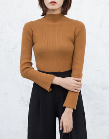 eggka套头针织衫长袖女半高领打底衫韩版修身毛衣短款上衣 深棕色