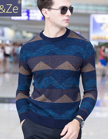 新款潮流针织衫毛衣厚款条纹大方圆领羊毛衫男装潮线衫打底衫 褐蓝色
