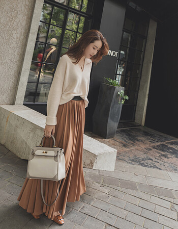 女装 半身裙 璐伊菲娜 2017九九秋冬新款撞料计针织大摆裙长半裙 驼色