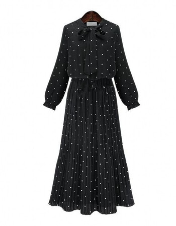 919款天天春秋装新款韩版宽松大码波点雪纺连衣裙女蝴蝶结黑色长裙