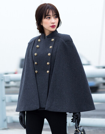 毛呢斗篷外套女加厚英伦中长款2017冬新款韩版黑色披风呢子大衣 深灰