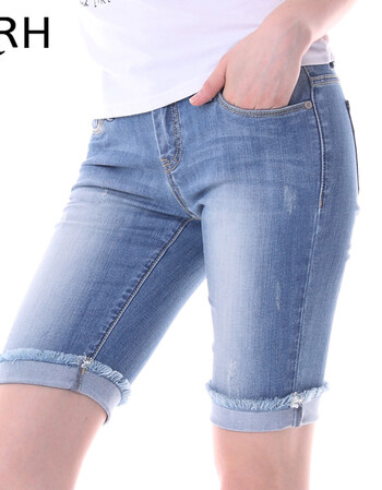 qrh 夏季五分牛仔裤女夏显瘦 翻卷边薄款浅色弹力直筒中裤子q6083