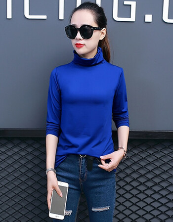 牛奶丝高领t恤女韩版百搭女装打底衫女式衣服纯色女士t恤 蓝色 l