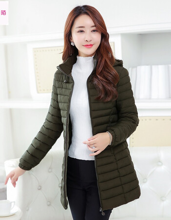 新品棉衣女中长款韩版修身大码冬装外套冬季轻薄羽绒棉服 军绿色 收藏