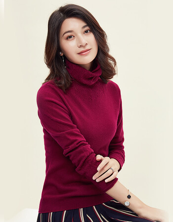 女式领口钩花高翻领山羊绒衫针织衫毛衣羊毛衫 酒红色 xxl