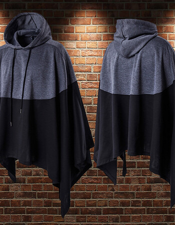 拼色宽松加肥加大码连帽斗篷潮男士休闲披肩连帽披风卫衣外套罩衫 拼