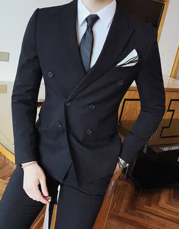 尊尚鸟 2018春装韩版修身双排扣西装套装男 新郎结婚男西服三件套 潮