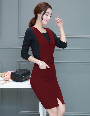 裙子女冬季加厚冬裙女中长款套装两件套长袖毛呢连衣裙秋冬款 酒红色