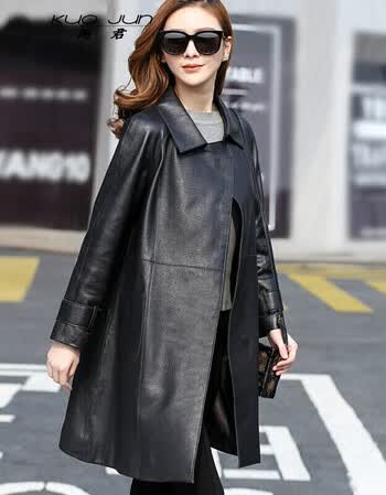 阔君 真皮皮衣女中长款绵羊皮泡泡皮风衣春秋冬装新款海宁a字型休闲