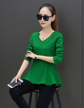 小衫女2018新款春款长袖欧洲站春秋收腰荷叶裙摆女士洋气上衣 绿色