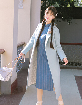 夏尔维纳秋冬民国风经典复古气质青果领夹棉大衣少女修身条纹长旗袍