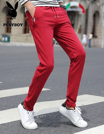 公子简约纯色男士韩版修身直筒休闲裤修身青少年学生青年长裤 红色