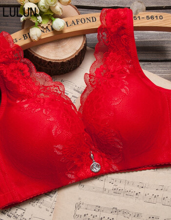 深v蕾丝背心式胸罩无钢圈聚拢 女士小胸厚调整型侧收文胸 大红色 80b