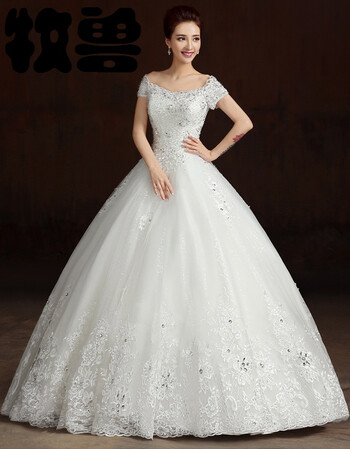 牧兽新娘婚纱 2016春夏新款韩版修身一字肩短袖新娘婚纱影楼摄影 白色