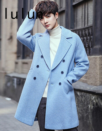 冬装时尚修身中长款毛呢风衣青年韩版英伦翻领呢大衣外套潮男 浅蓝色