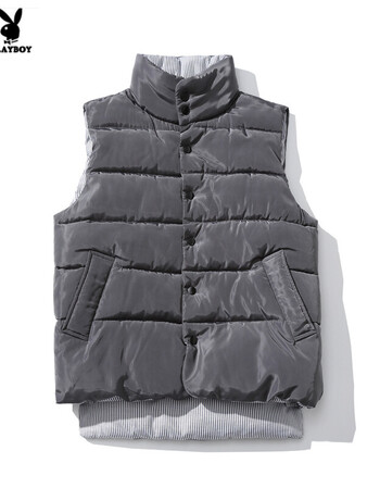 花花公子冬季新日系加厚保暖男士条纹纽扣饰大码棉马甲 灰色 2xl