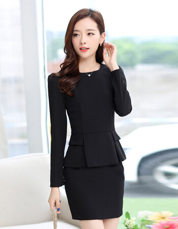 秋季时尚长袖大码职业女装职业连衣裙女士职业正装 黑色 l