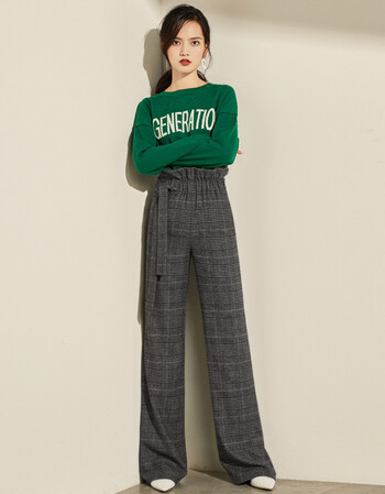 17冬季羊毛呢松紧腰带格子阔腿裤长裤女休闲大脚直筒裤 灰色格子 2xl