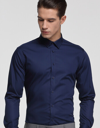 深蓝色衬衫男长袖修身型免烫纯色商务正装韩版休闲西装衬衣春季 黑色