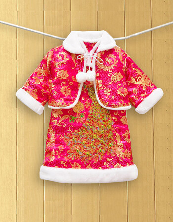 2017中小女童毛毛边中式喜庆金丝刺绣旗袍唐装婴儿保暖套装新年旗袍