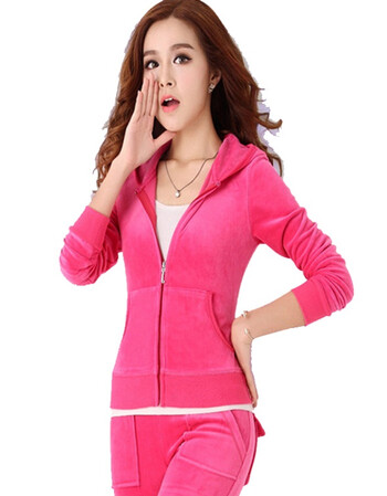 天鹅绒运动套装春秋两件套时尚休闲女金丝绒运动服女跑步hj 玫红色 无