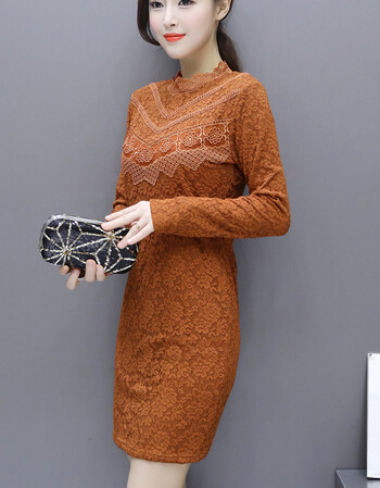 连衣裙女秋冬新款加绒加厚中长款蕾丝打底衫 姜糖色【全身加羊胎绒】