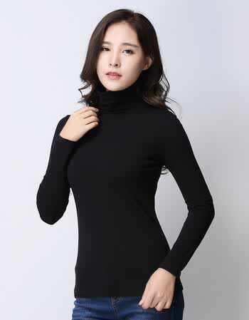 黑色高领打底衫女长袖秋冬堆堆领常规贴身纯棉百搭内搭秋衣t恤 高领
