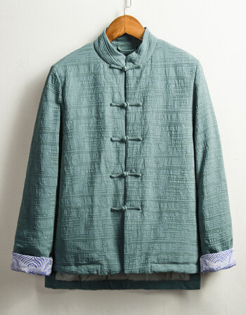 风复古着保暖外套中式盘扣上衣棉麻唐装青年亚麻棉服男装棉袄 青色 m