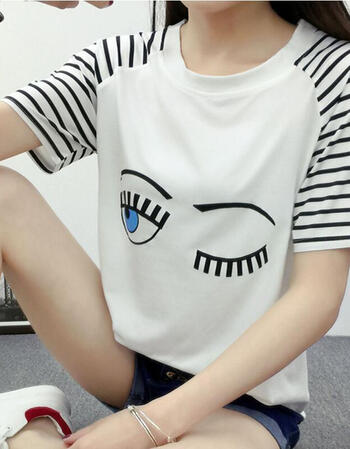 t恤女夏短袖体恤宽松韩版条纹半袖拼接眼睛上衣服学生闺蜜姐妹装 白色