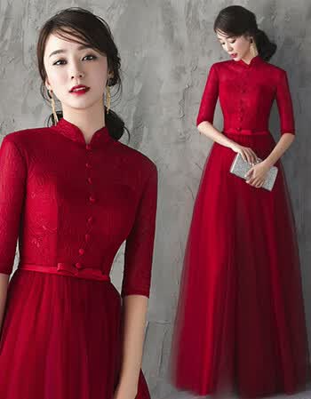 敬酒服新娘春秋季新款结婚晚礼服女长款修身显瘦红色中国风 酒红色 xl