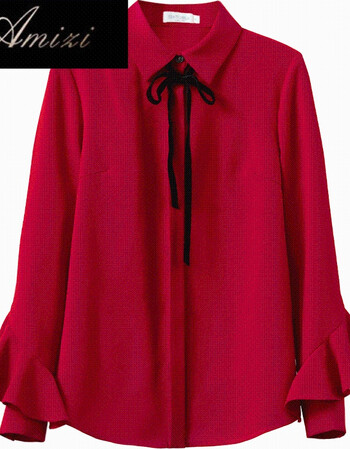 红色衬衫女宽松2018新款女装春装韩范系带荷叶袖雪纺衬衣 暗红色 s