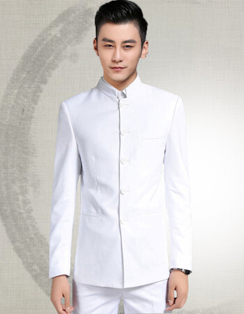 立领中山装男青年套装秋冬男士韩版商务西服中国风唐装礼服修身 白色