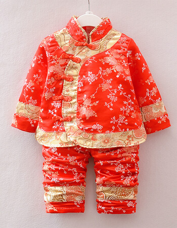 宝宝唐装新款女童秋装套装1-2-3周岁小孩冬季外套婴儿童中式礼服 红色