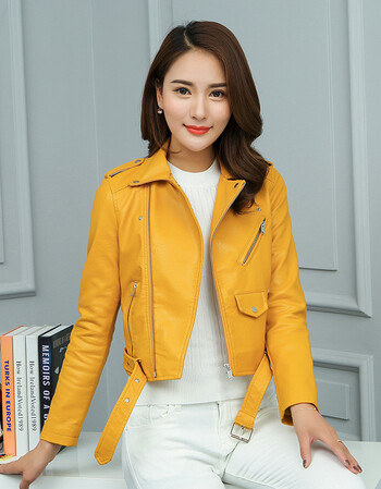 韩版翻领pu皮衣女 2017秋季新款多色皮夹克修身短款腰带款小外套 黄色