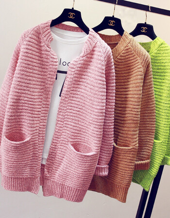 韩国春秋装毛衣外套民族风中长款女式开衫宽松大码毛针织衫zjt 螺纹