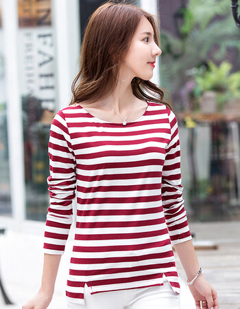长袖条纹t恤女时尚修身韩版春秋薄款海魂大码体恤衫 红色 3xl