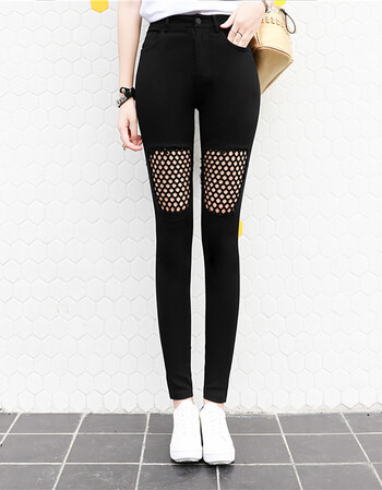 洗水弹力破洞渔网9分裤潮 新款韩版仿牛仔不规则毛边裤女 黑色 s