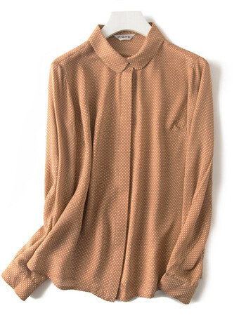 ningkou2018英伦姜糖色小波点桑蚕丝好垂感翻领长袖真丝衬衫 沙黄白点