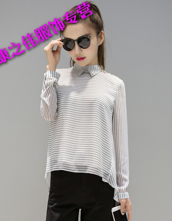 条纹女士上衣2018春秋新款韩版不规则洋气小衫宽松打底衫雪纺衬衫 白