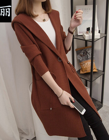 纨丽连帽毛衣女开衫加厚外套秋冬新款女装中长款长袖宽松韩版针织衫潮