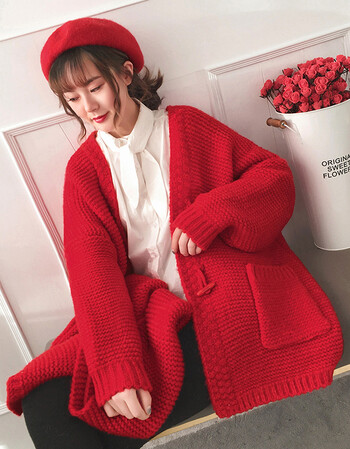 中长款宽松学生红色针织外套女2018春装新款韩版网红加厚毛衣开衫sn