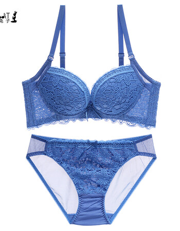 蕾丝刺绣学生小胸聚拢胸罩少女士内衣女文胸套装显大调整型 蓝色 70b