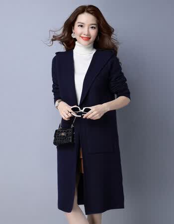 款针织衫女开衫中长款羊绒大衣修身大码带帽子毛衣外套风衣薄 藏青色