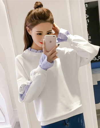 pingyu新款假两件圆领白色卫衣女韩版2018春装新款宽松拼接套头bf薄款